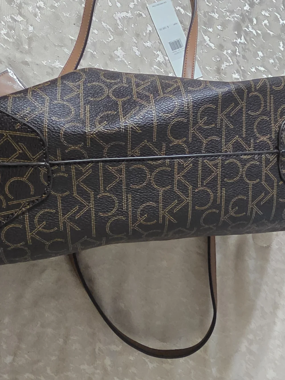 Calvin Klein Dark Brown Monogram Tote with Tan Trim